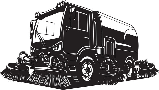 Street Sweeper Truck, Vector Road Cleaner, Urban Maintenance Vehicle, Black and White Illustration