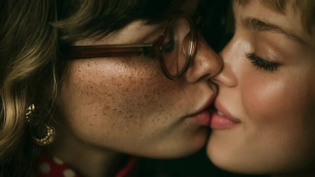 Extreme close-up of a lesbian couple sharing an intimate and tender kiss
