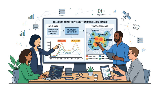Telecom Traffic Prediction Model Illustration Diverse Workers Analyzing Network Data and Forecasting Using Machine Learning Technology