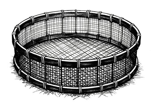 Round wire mesh enclosure with metal frame for containment or aquaculture