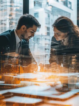 Focused business colleagues examining documents in an urban corporate setting