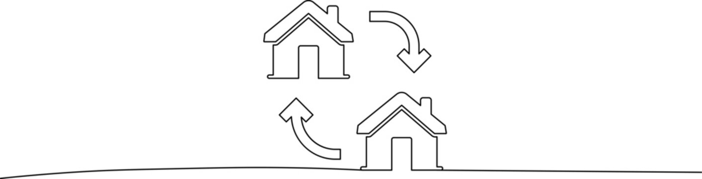 A simple line drawing of two houses with arrows indicating a move or exchange