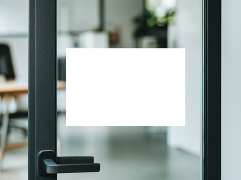 Large blank white rectangular sticker mockup on office glass door