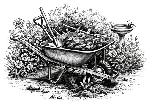Gardening tools and plants in a wheelbarrow surrounded by flowers and a bird bath