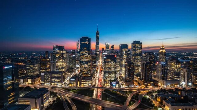 Epic aerial view time lapse of modern cityscape with illuminated skyscrapers and flowing freeway at dusk transforming into night