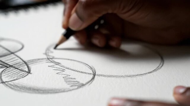 Close-up of a person's hands drawing circles and lines on a piece of paper with a pencil