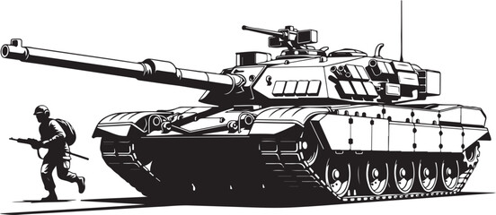 Naklejka premium Military tank, army vehicle, combat illustration, soldier, black and white vector
