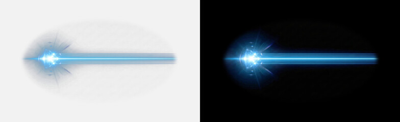 Blue neon laser beam isolated on transparent background, electric light ray with starburst flare, sci-fi energy streak horizontal glow effect, cinematic overlay PNG © Pixora