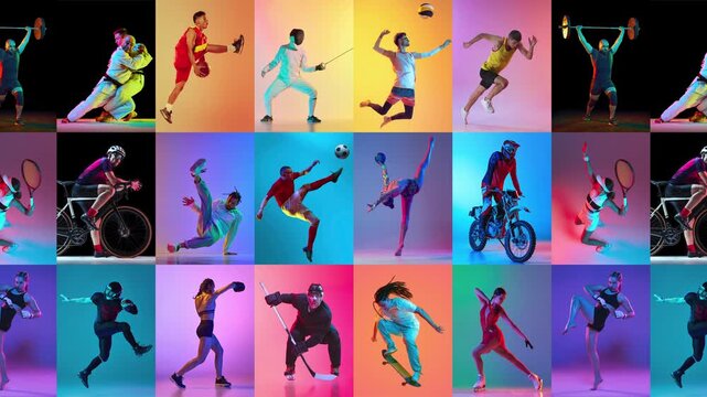 Athletes captured in motion across multiple sports on bright neon backgrounds. Concept of energy, diversity in sport, modern fitness culture and bold creative visual design.