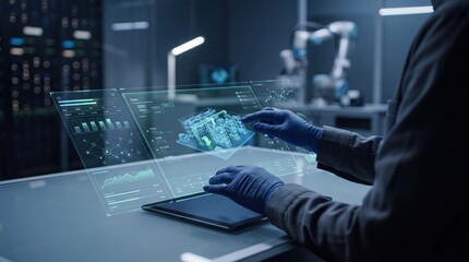 Fototapeta premium Futuristic hologram interface technology, digital data visualization, cyber security concept, virtual screen interaction, high-tech laboratory environment, artificial intelligence