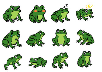 Obraz premium Cute Cartoon Frog Emotion Set, Green Frog Character Collection with Different Expressions Sleeping Angry Sad Vector Illustration
