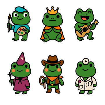 Cute Cartoon Frog Profession Set, Funny Green Frog Characters Artist King Musician Wizard Cowboy Doctor Vector Illustration