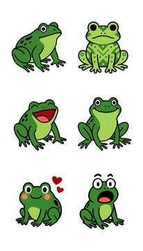 Cute Cartoon Frog Character Collection, Funny Green Frog Set with Different Expressions Happy Love Surprise Vector Illustration