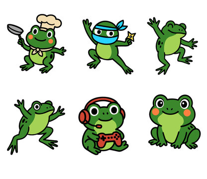 Cute Cartoon Frog Character Set, Funny Green Frog Mascot Collection with Different Poses, Chef Ninja Gamer Frog Vector Illustration