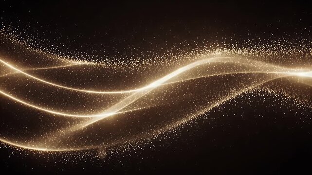 Abstract flowing golden particles and light streaks on a dark background, mesmerizing motion