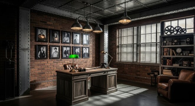 Vintage Industrial Office with Wooden Desk and Brick Walls