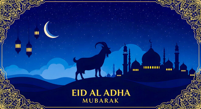 Islamic celebration banner featuring a silhouette of a goat standing on a hill against a starry night sky with crescent moon, Islamic mosques, and ornate golden decorative borders conveying Eid al Adh