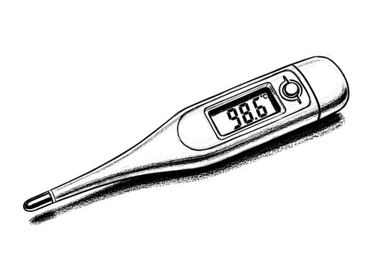 Digital thermometer displaying 98.6 degrees Fahrenheit, a normal body temperature