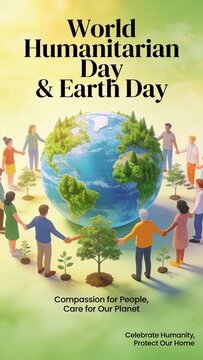 World Humanitarian Day & Earth Day poster with diverse people and globe