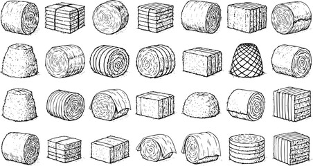 Set of various hand-drawn hay bales and stacks, showcasing different forms of harvested dry grass for agriculture and farming, in a black and white line art style. © emerland