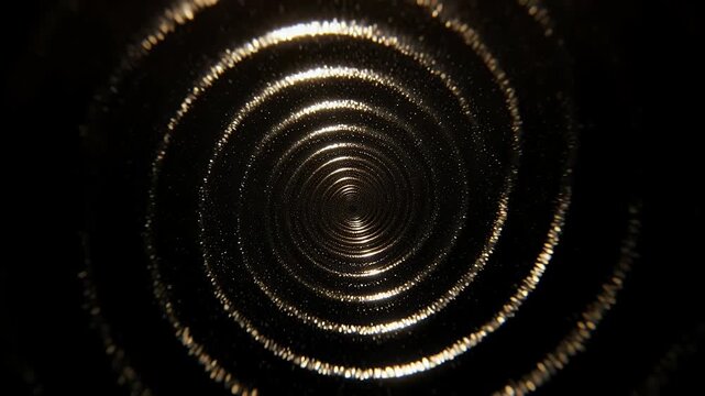 A close-up abstract view of concentric circular ripples with a metallic sheen, creating a hypnotic spiral effect