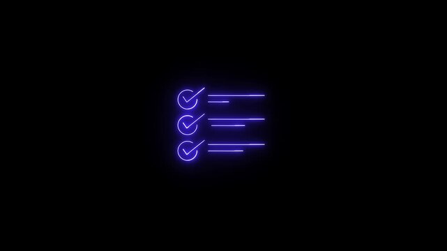 Checklist icon on file shows organized tasks. File with checklist symbolizes completed work. Glowing neon checklist animation on a black background representing task completion in modern design.