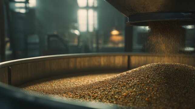 Grain falling into large vat during food processing