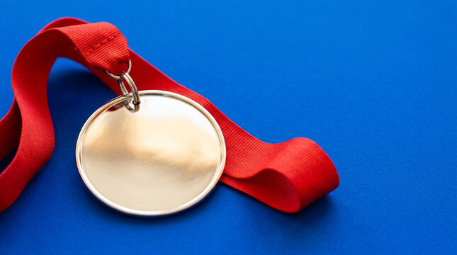Silver race finisher medal with red ribbon on royal blue surface marathon fitness tourism sport achievement .
