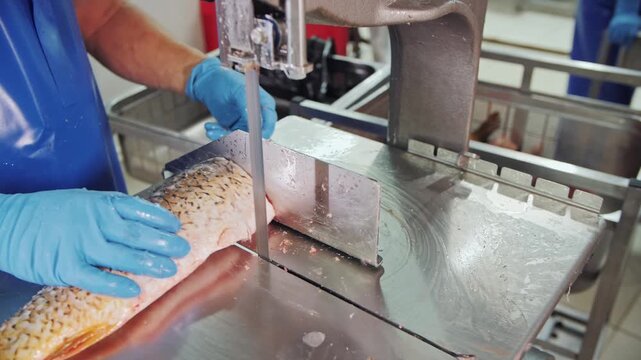 Precision Seafood Processing: Worker Slicing Fresh Fish with Industrial Saw.