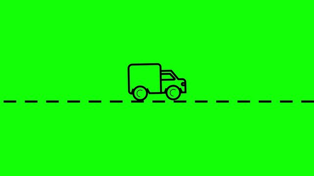 Animated delivery truck moving along dashed line on green screen background. Delivery van animation. Minimalist cargo transport with dashed line motion