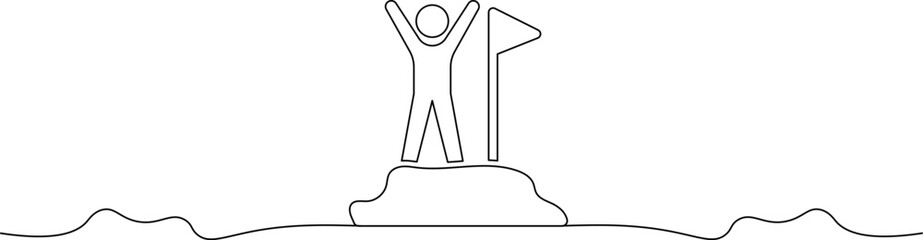 A triumphant person stands on a mountain peak with a flag, symbolizing achievement and success © Safdarali