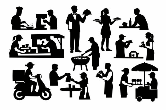 Collection of black silhouettes of food service professionals including chefs, waiters, baristas, delivery drivers, and street food vendors performing various tasks in the hospitality industry.
