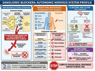 Naklejka premium Infographic on ganglionic blockers, outlining the autonomic nervous system profile, predicting responses, and detailing nicotine's dual action with detailed scientific diagrams.
