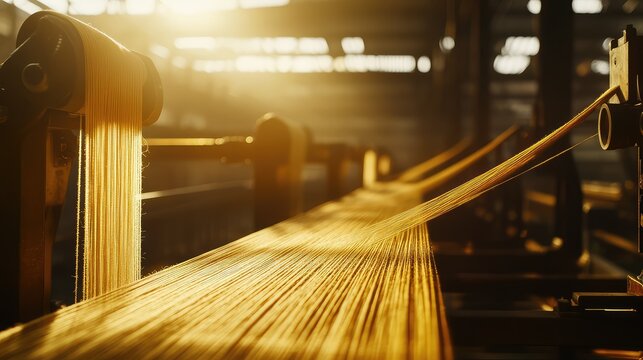Textile factory machinery operating, producing fabric with golden threads actively moving through industrial equipment bathed in warm, glowing light, symbolizing production and craftsmanship
