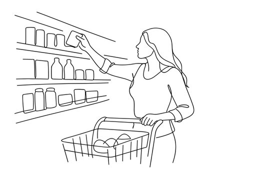 Continuous line drawing of a young woman shopping in a supermarket aisle, reaching for products on a grocery shelf while pushing a shopping cart. Minimalist black and white vector illustration.