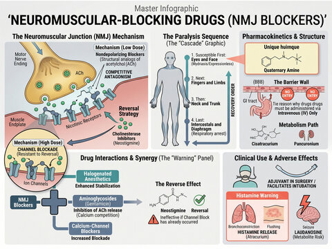 Master infographic explaining neuromuscular-blocking drugs (NMJ blockers), detailing the neuromuscular junction mechanism, paralysis sequence, and pharmacokinetics.