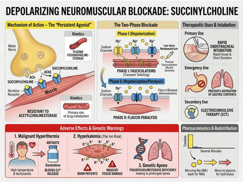 Comprehensive infographic presenting the two-phase blockade of succinylcholine, detailing depolarization, fasciculations, and flaccid paralysis with scientific illustrations.