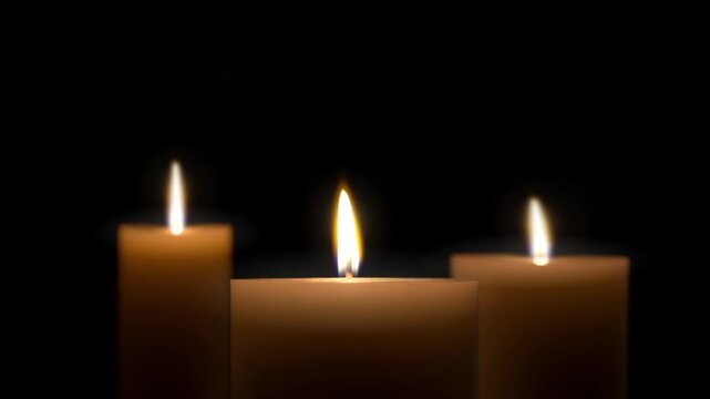 Burning candle loop, dark background, memorial,  spiritual mood. Candle flame flickering overlay on black background, romantic ambient light