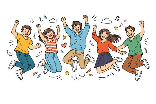 Happy Group of Young Friends Jumping for Joy in Hand Drawn Doodle Style Vector Illustration; Diverse People Celebrating Success, Achievement, and Happiness with Confetti and Musical Notes