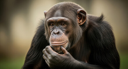 Fototapeta premium Chimpanzee Sitting Thoughtfully with Hand on Chin Outdoors