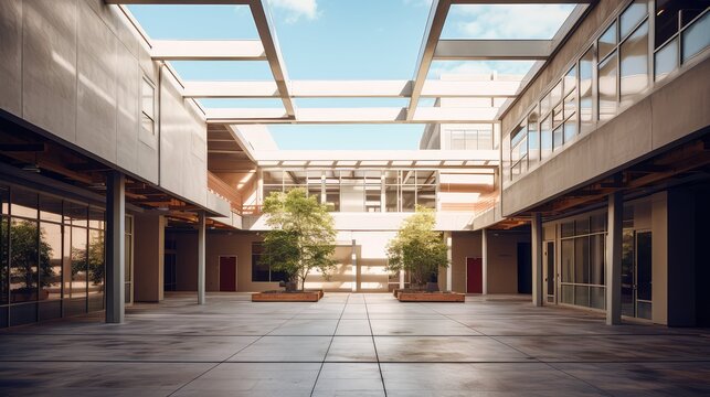 Contemporary architecture defining an empty outdoor courtyard, featuring natural light, geometric design elements, and small trees arranged in planter boxes, fostering a serene urban environment