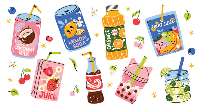 Cute colorful vector set of summer drinks. Soda cans, juice boxes, fruit juice, milk, bubble tea and cocktails. Trendy hand-drawn style, perfect for stickers, packaging, branding and social media
