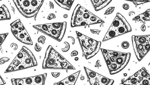 Monochrome illustration showing numerous pizza slices, tomatoes, mushrooms, and basil. Elements scattered creating a pattern on a white background