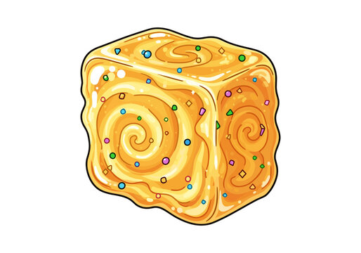 A delicious golden cube-shaped dessert with colorful sprinkles and swirl patterns