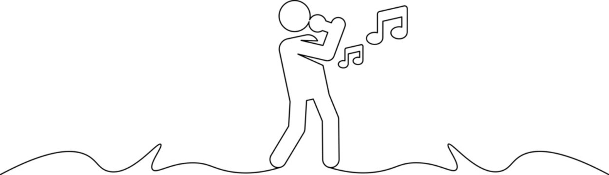 A minimalist line drawing of a person singing with musical notes floating in the air