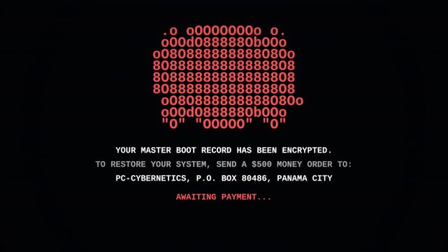Historical 1990s master boot record ransomware encryption virus displaying an ASCII skull and demanding payment