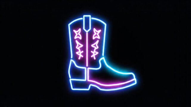 Neon cowboy boot sign glowing with bright blue and pink lights against a dark background.