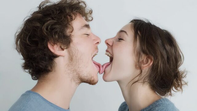 Passionate man and woman touching tongues while kissing, isolated on a white background