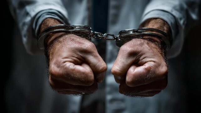 Man in a white shirt with handcuffed hands clenching his fists in a dark interrogation room