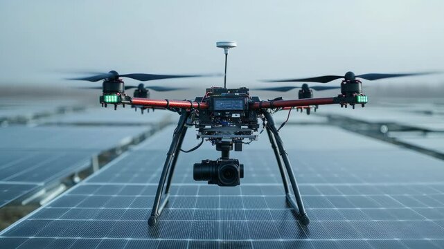 Hexacopter drone with a camera inspecting a solar power station for maintenance and efficiency